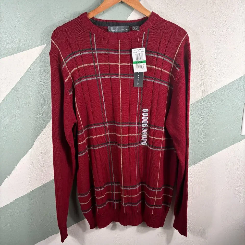 OSCAR‎ DE LA RENTA Mens Large Sweaters NWT Jumper Red Knit Check Crew Pullover